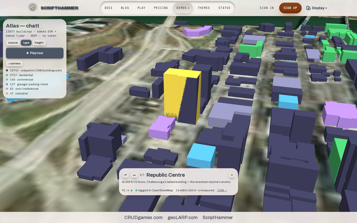 Three-dimensional map of downtown Chattanooga buildings coloured by type