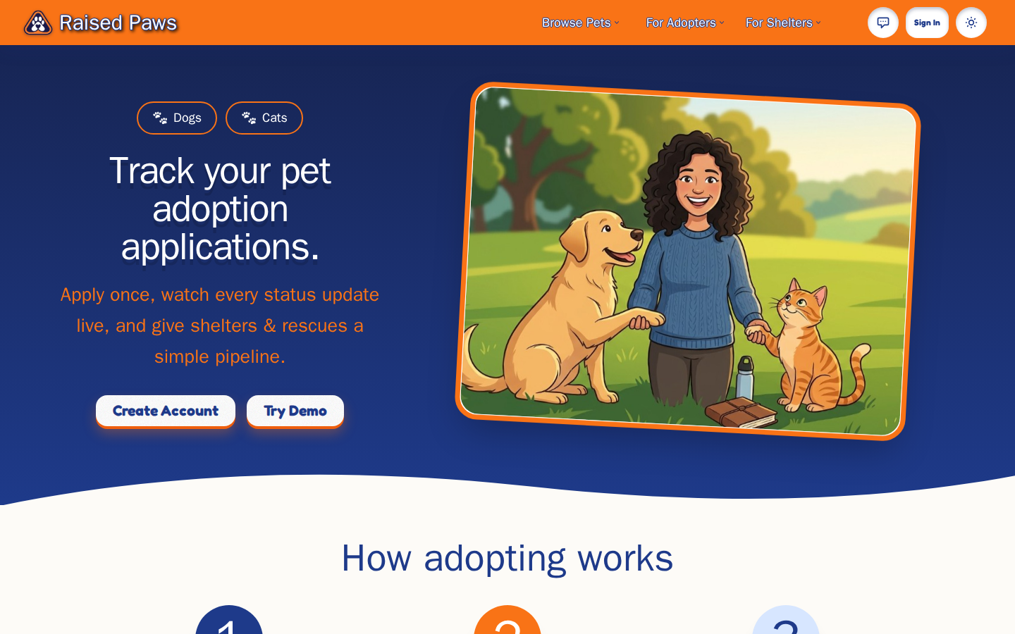 Raised Paws home page: Track your pet adoption applications, with a woman, a dog and a cat in a park