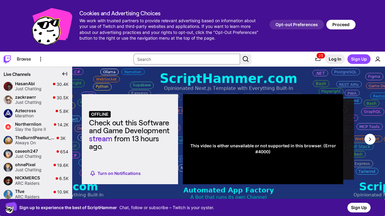 ScriptHammer automated Twitch channel showing AI-generated content