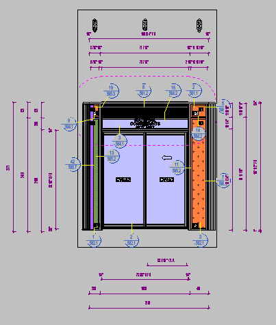 Storefront elevation with automated dimensioning generated by Revit plugin