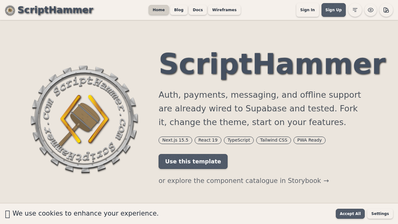 ScriptHammer template showing theme switcher and component library