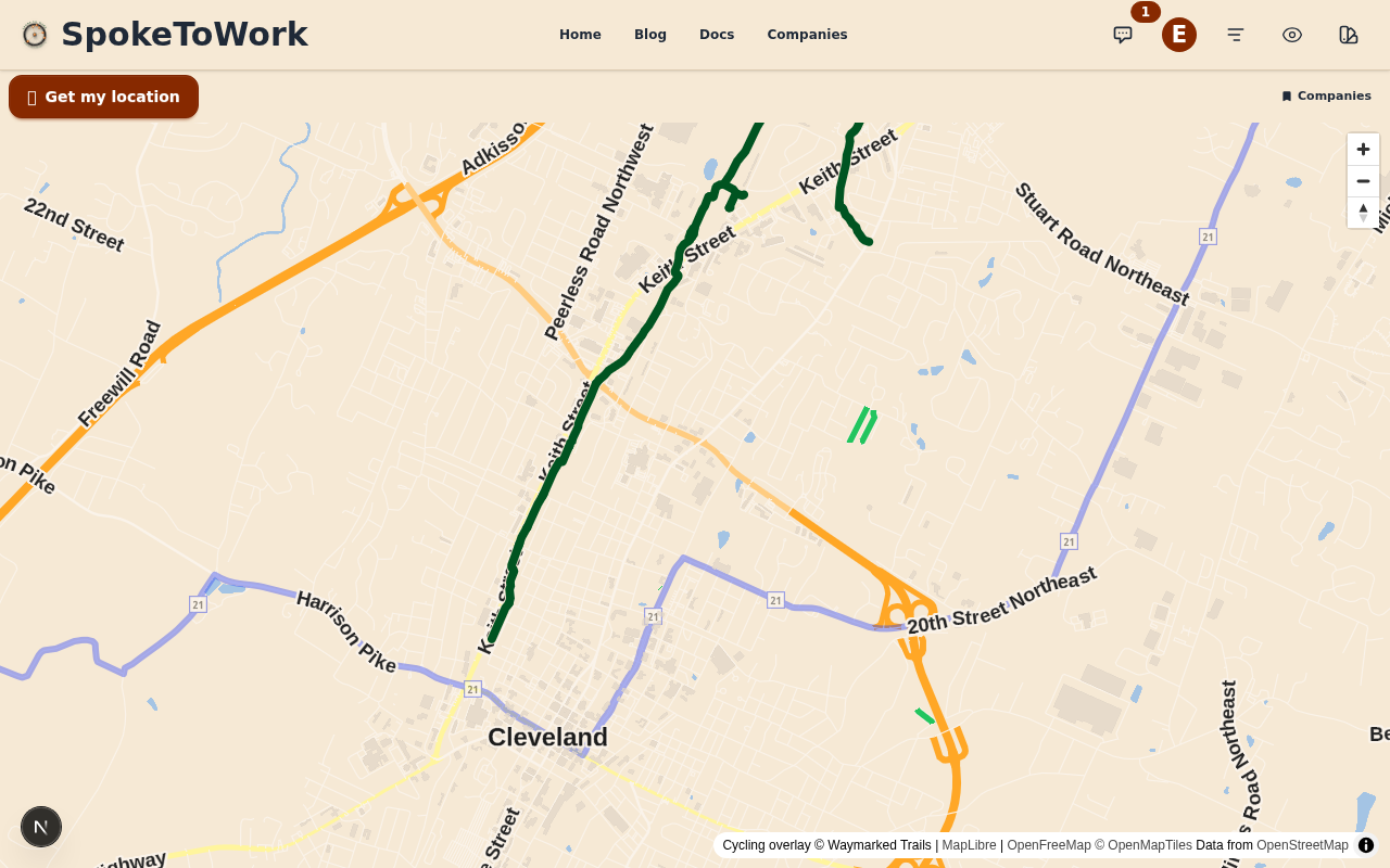 SpokeToWork app showing map view with cycling routes to employers